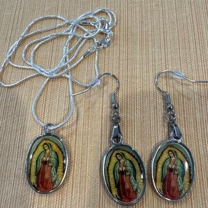 Silver tone Our Lady of Guadalupe Pendant and Earring Set New!